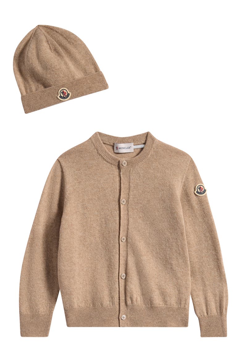 Kids' Virgin Wool & Cashmere Cardigan & Beanie Set, Main, color, BEIGE