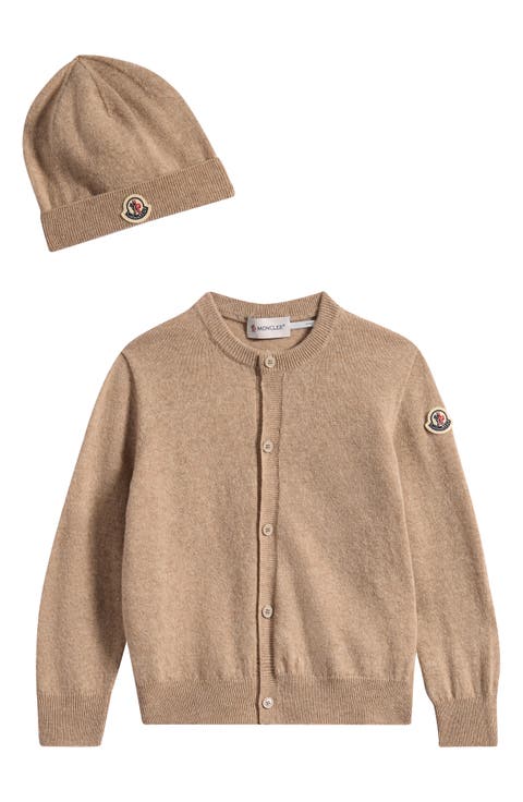 Kids' Virgin Wool & Cashmere Cardigan & Beanie Set