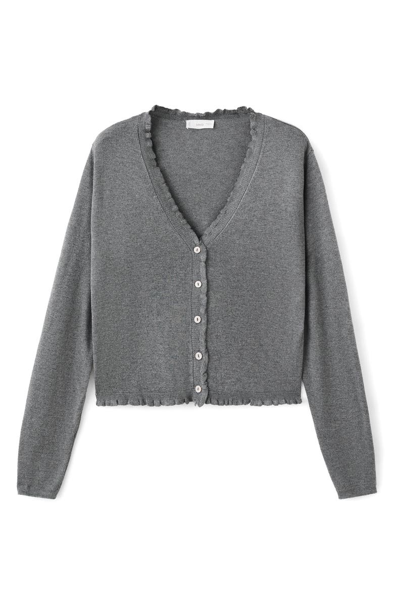 MANGO TEEN Ruffle Crop Cardigan, Main, color, Medium Heather Grey