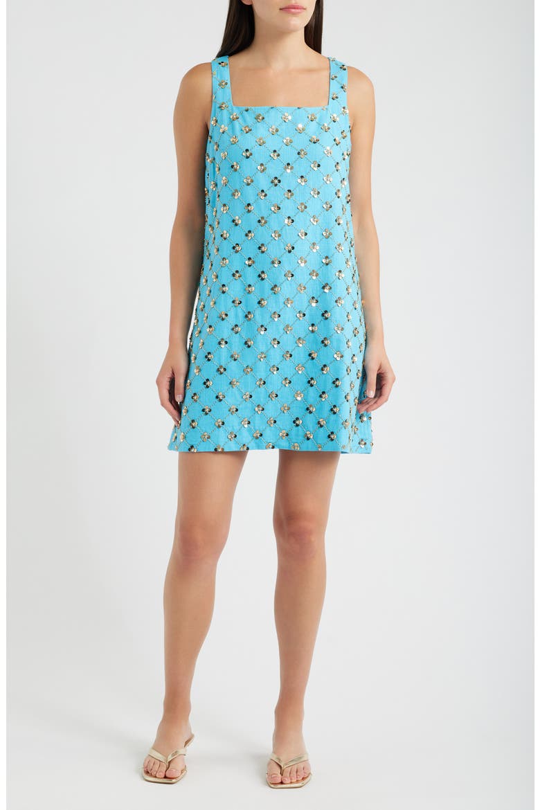 Tamala Beaded Sequin Shift Dress, Main, color, TURQUOISE TIDE