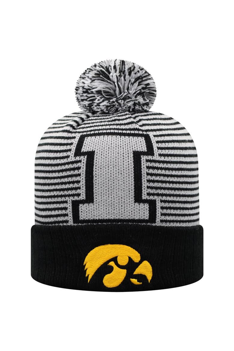Men's Top of the World Black Iowa Hawkeyes Line Up Cuffed Knit Hat with Pom, Alternate, color, Black