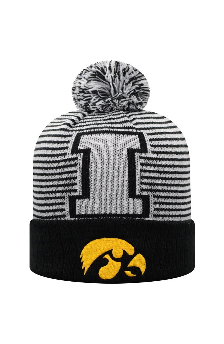 TOP OF THE WORLD Men's Top of the World Black Iowa Hawkeyes Line Up Cuffed Knit Hat with Pom, Alternate, color,