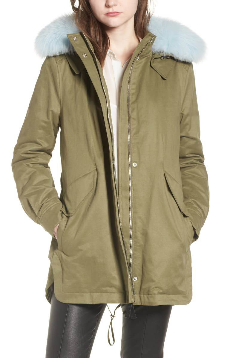 Derek Lam 10 Crosby Genuine Fox Fur Trim Cotton Blend Parka, Main, color, 