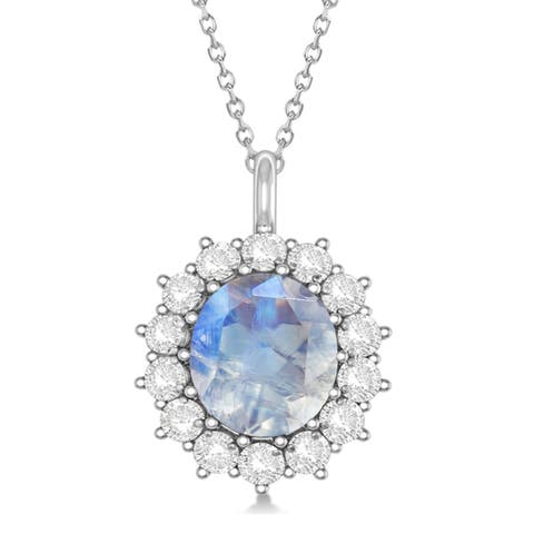 Oval Moonstone and Diamond Pendant Necklace 14k