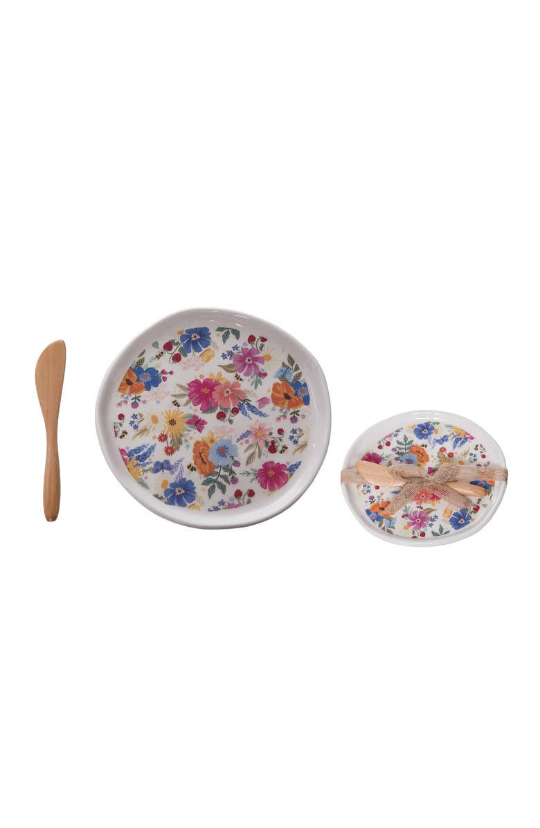 Transpac Dolomite Wildflower Appetizer Plate with Spreader Multicolored for Spring Serving and Entertaining, Main, color, Multicolored