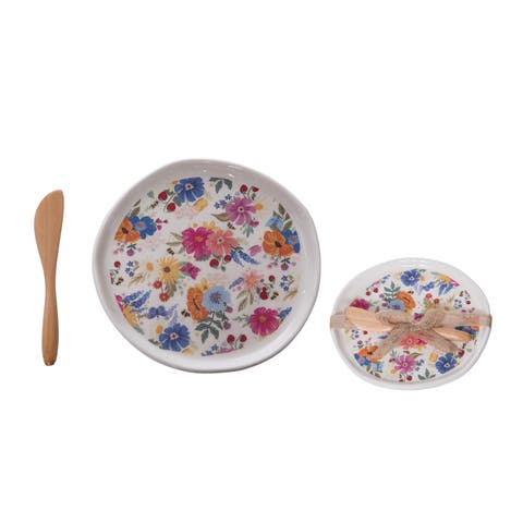 Dolomite Wildflower Appetizer Plate with Spreader Multicolored for Spring Serving and Entertaining