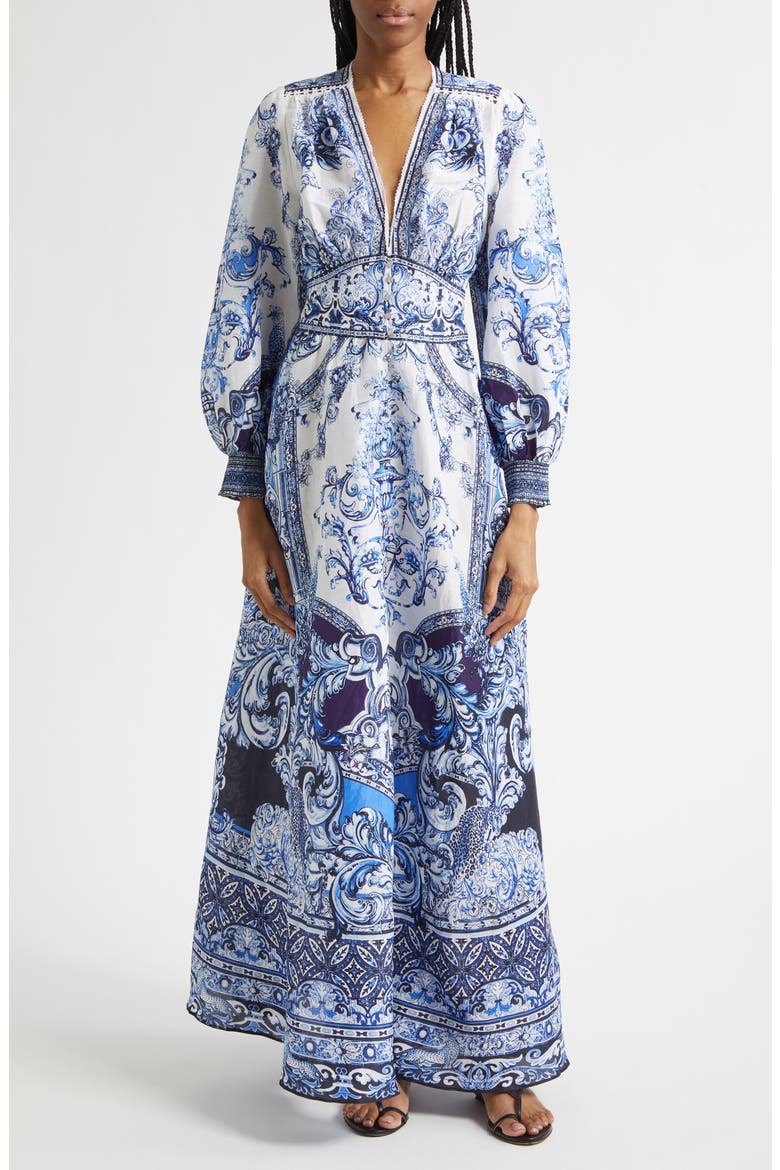 A Tiled Wonderland Long Sleeve Linen & Silk Twill Dress, Main, color, A TILED WONDERLAND