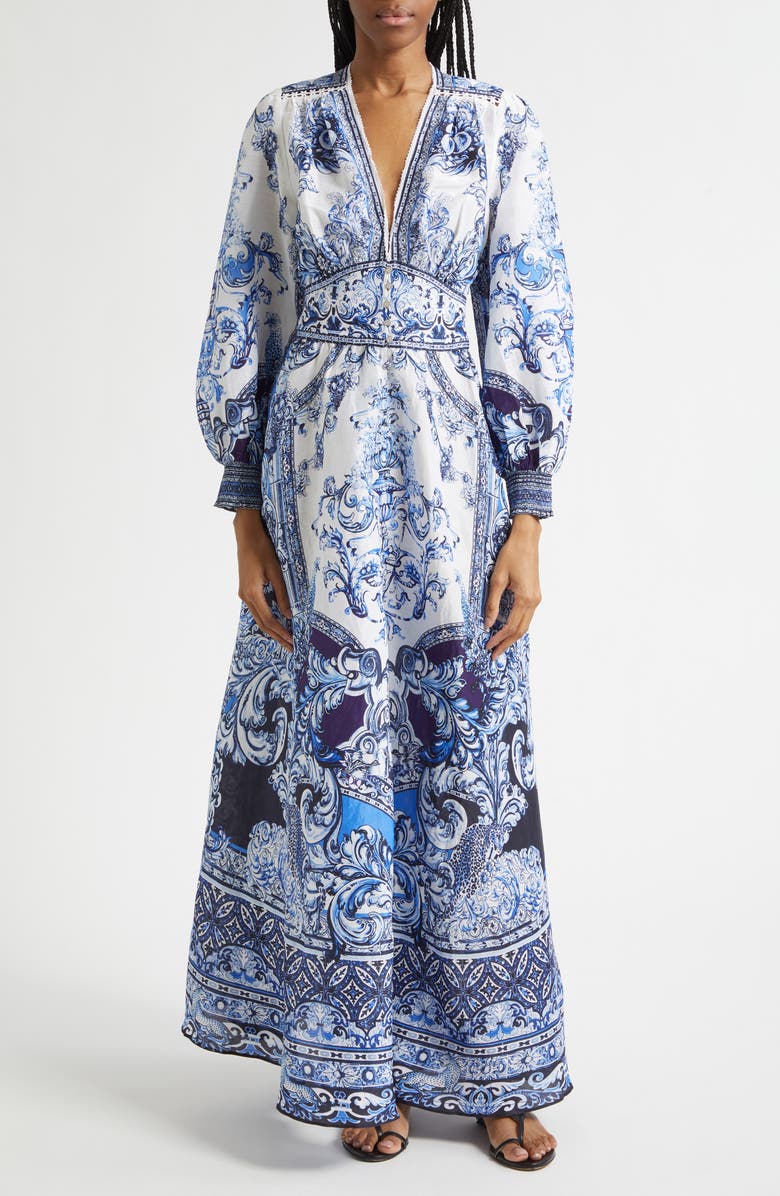 Camilla A Tiled Wonderland Long Sleeve Linen & Silk Twill Dress, Main, color, A Tiled Wonderland