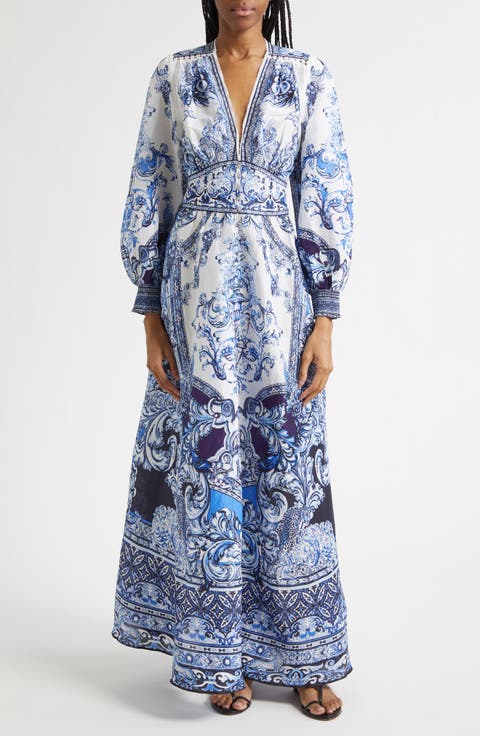 A Tiled Wonderland Long Sleeve Linen & Silk Twill Dress