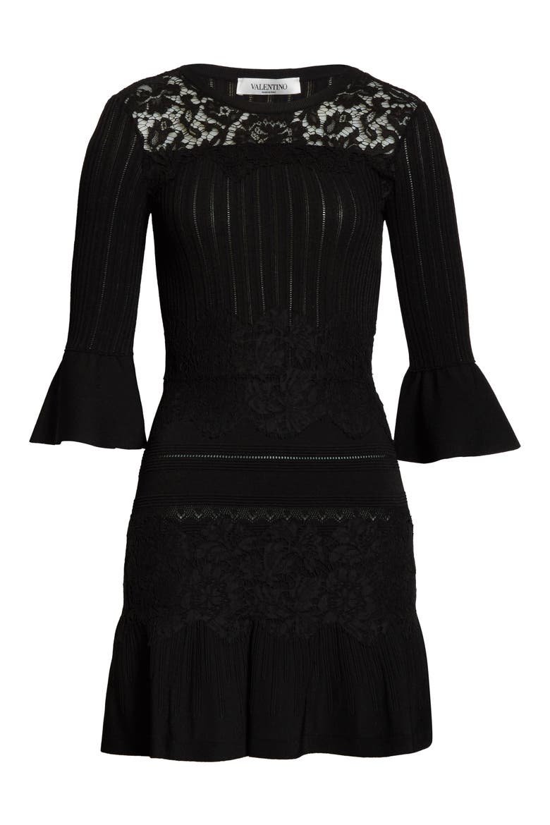 Lace Trim Sweater Dress, Alternate, color, NERO
