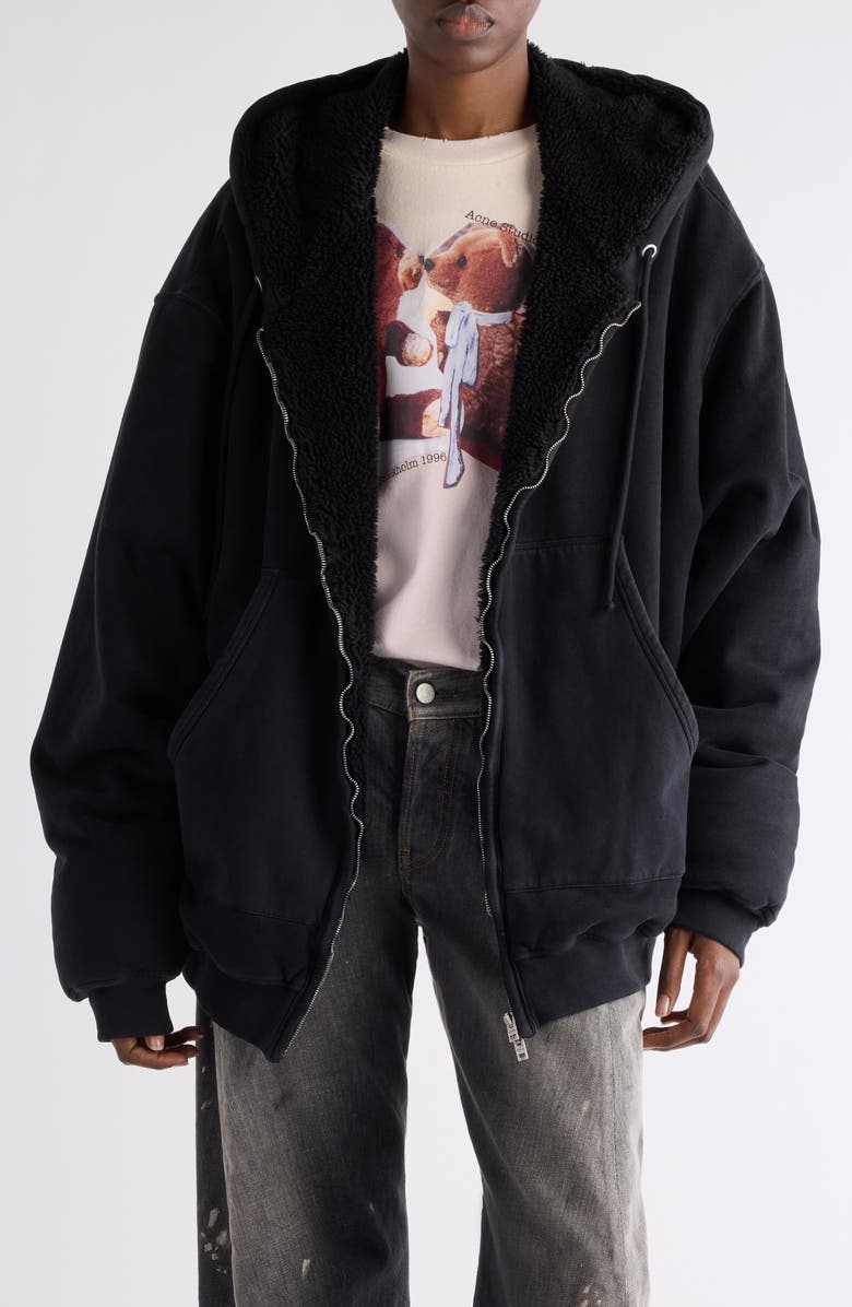 Acne Studios Flexa High Pile Fleece Lined Zip Hoodie, Main, color, Faded Black