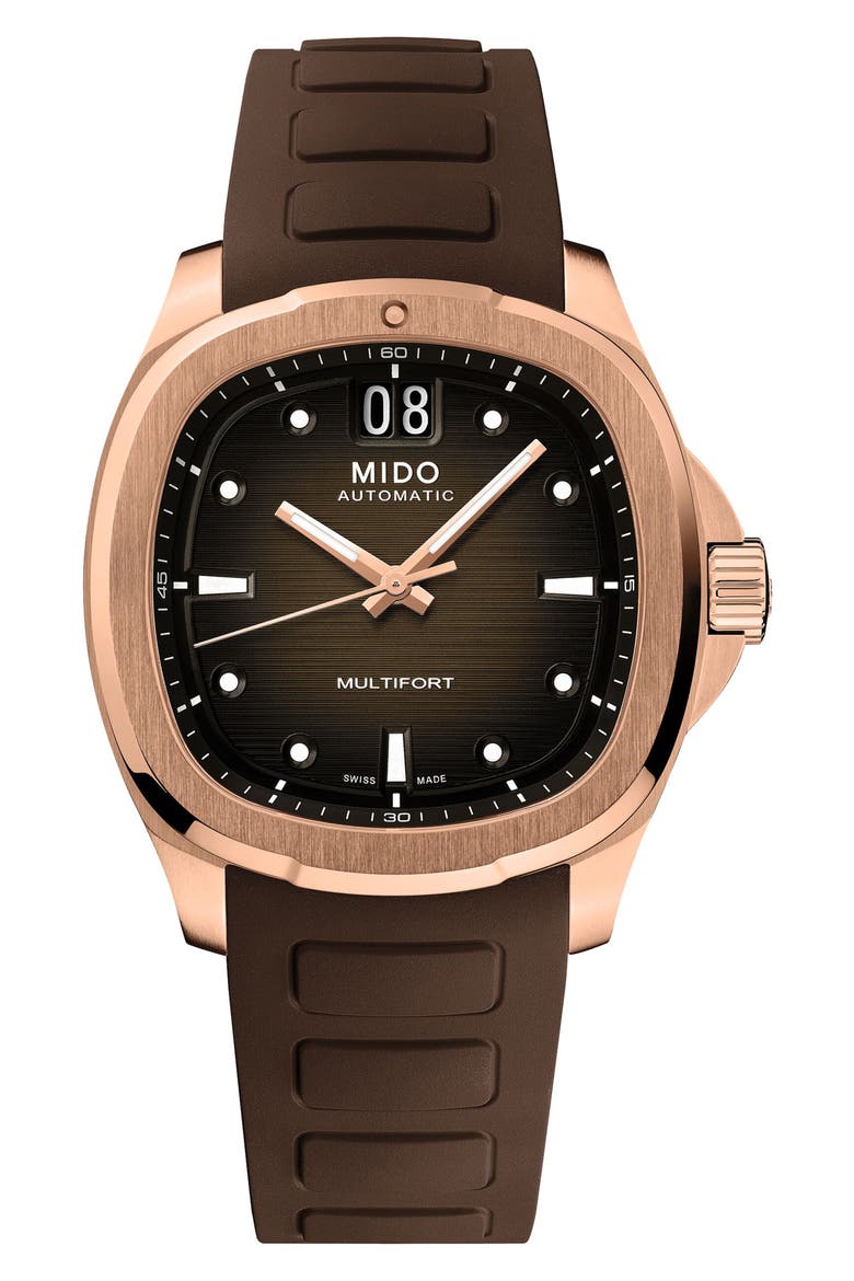 Multifort TV Big Date Automatic Rubber Strap Watch, 39.2mm x 40mm, Main, color, BROWN