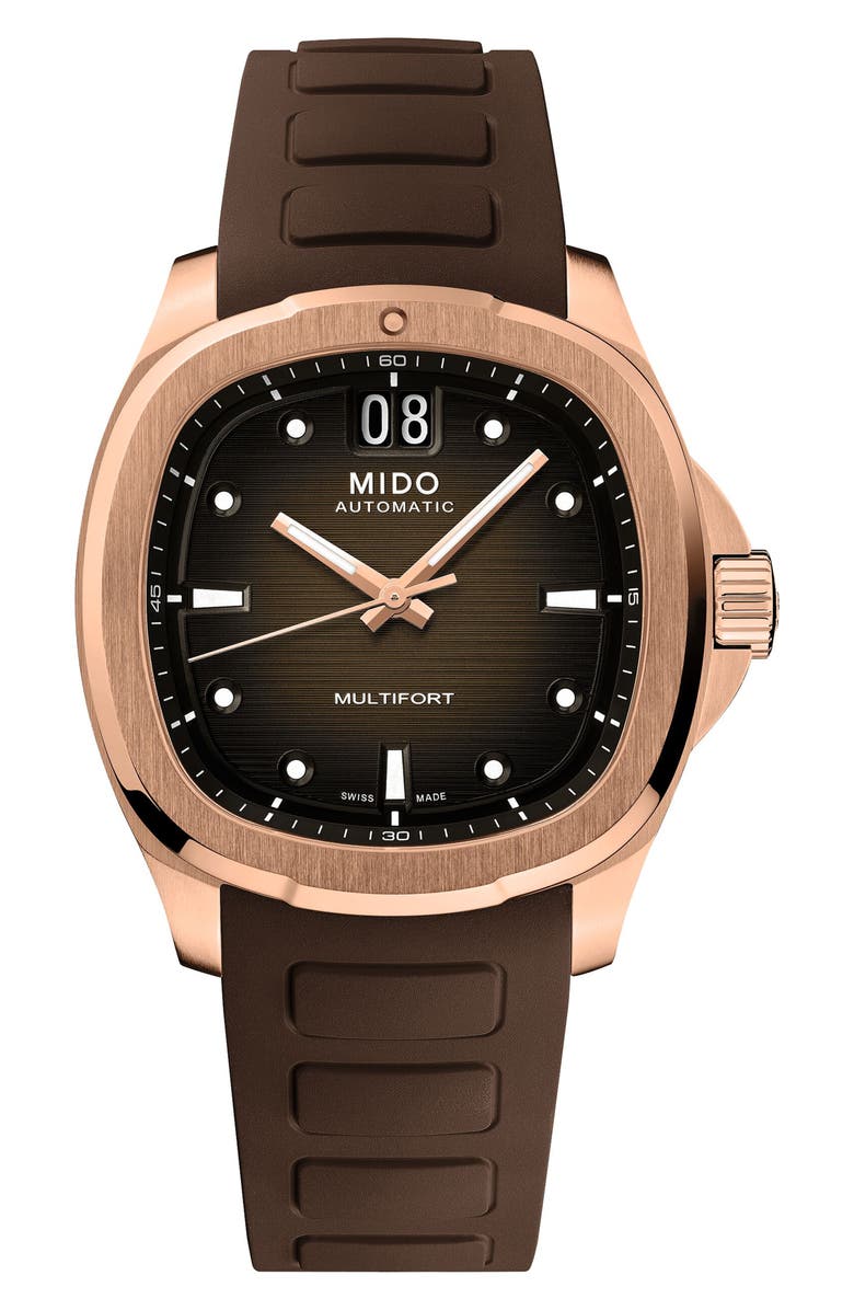 MIDO Multifort TV Big Date Automatic Rubber Strap Watch, 39.2mm x 40mm, Main, color, Brown