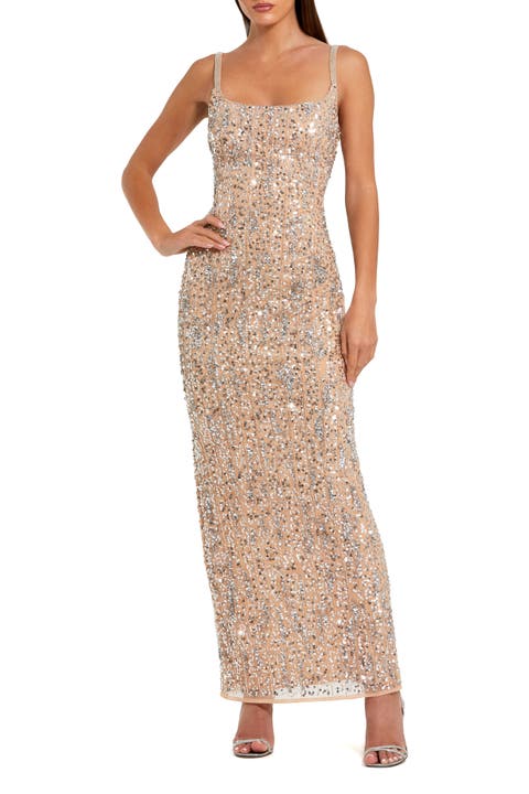 Sequin Embellished Square Neck Sleeveless Column Gown