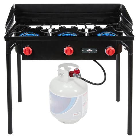 225,000 BTU Portable Gas Stove with 3 Burners, Legs, Wind Panels & Temperature Control