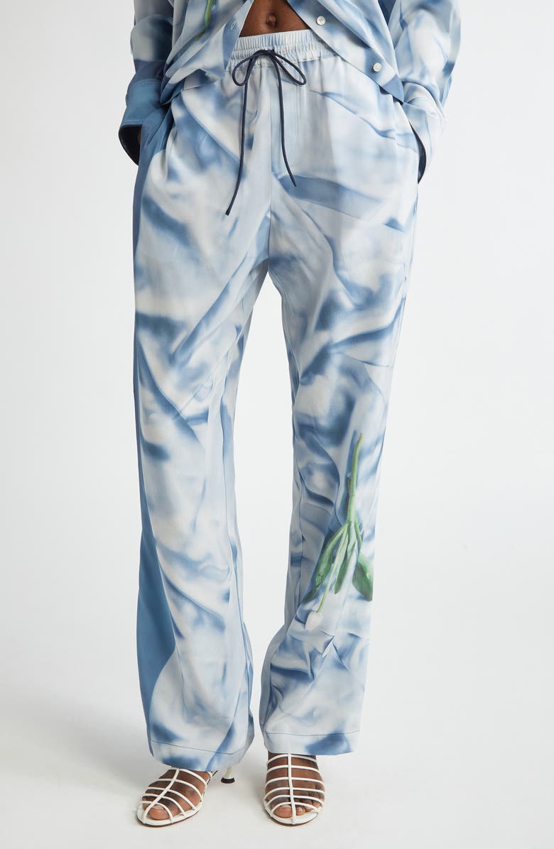 Victoria Beckham Pleat Detail & Flowers Trompe l'Oeil Silk Satin Pants, Main, color,