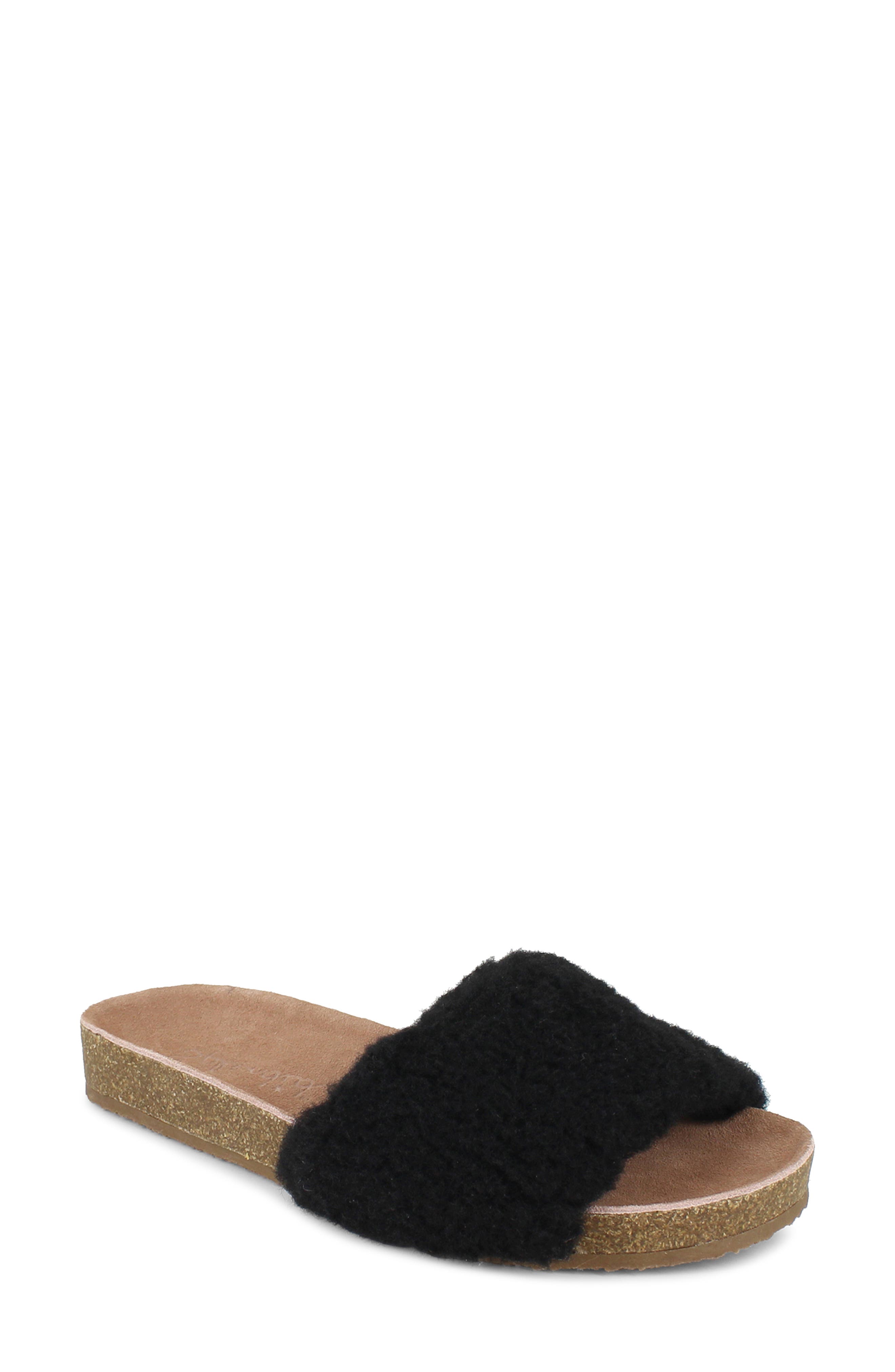 Romy Faux Shearling Slide Sandal, Main, color, BLACK