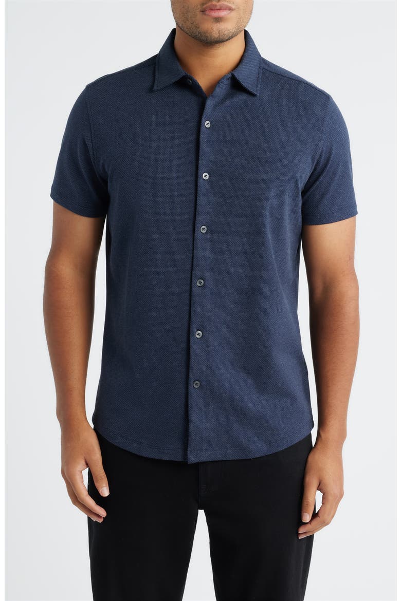 Keyes Slim Fit Microprint Short Sleeve Knit Button-Up Shirt, Main, color, NAVY