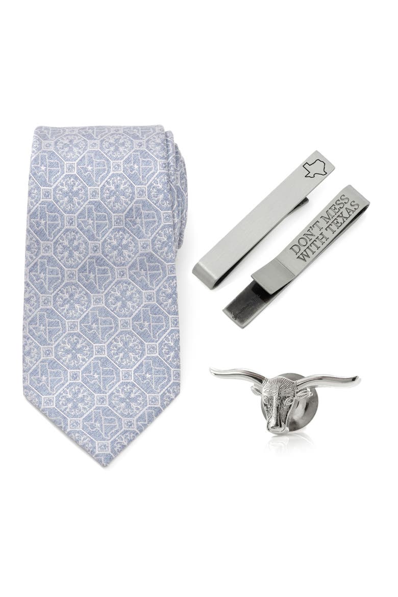 Don't Mess with Texas Silk Tie, Lapel Pin & Tie Bar Gift Set, Main, color, SILVER MULTI