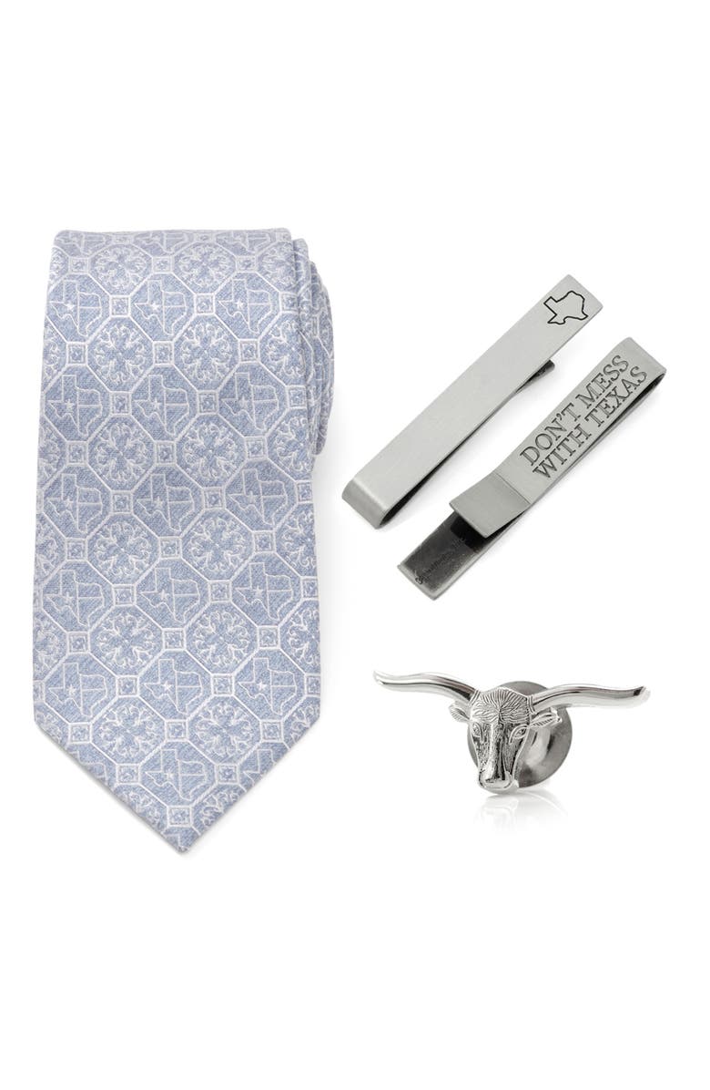 Cufflinks, Inc. Don't Mess with Texas Silk Tie, Lapel Pin & Tie Bar Gift Set, Main, color, Silver Multi