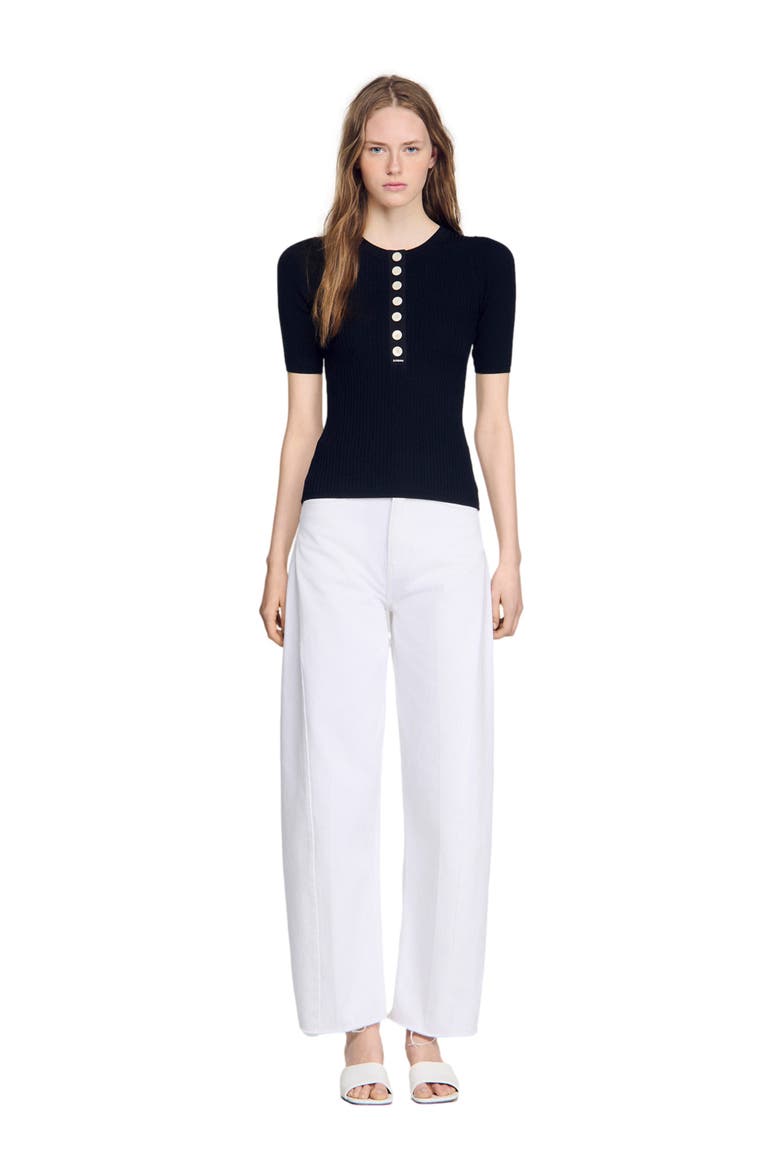Sweater with ribbed button placket, Main, color, Black