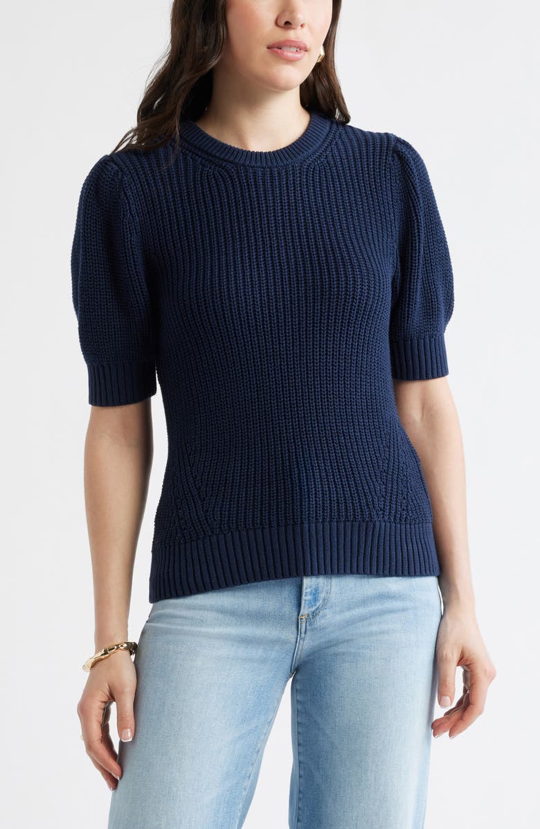 Caslon<sup>®</sup> Elbow Sleeve Cotton Sweater, Main, color, Navy Still