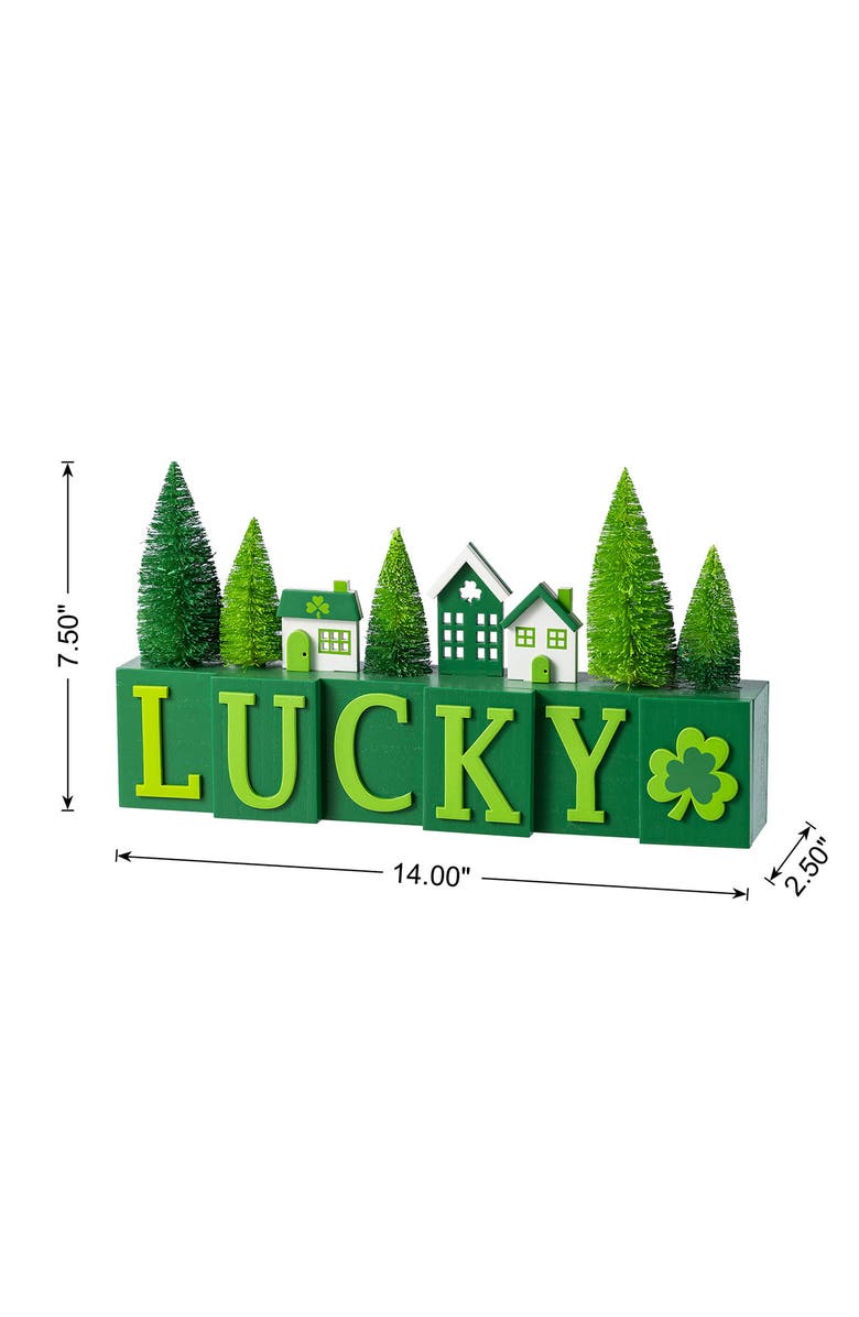 Glitzhome St. Patrick's Wooden House Brush Trees LUCKY Table Decor, Alternate, color, Green