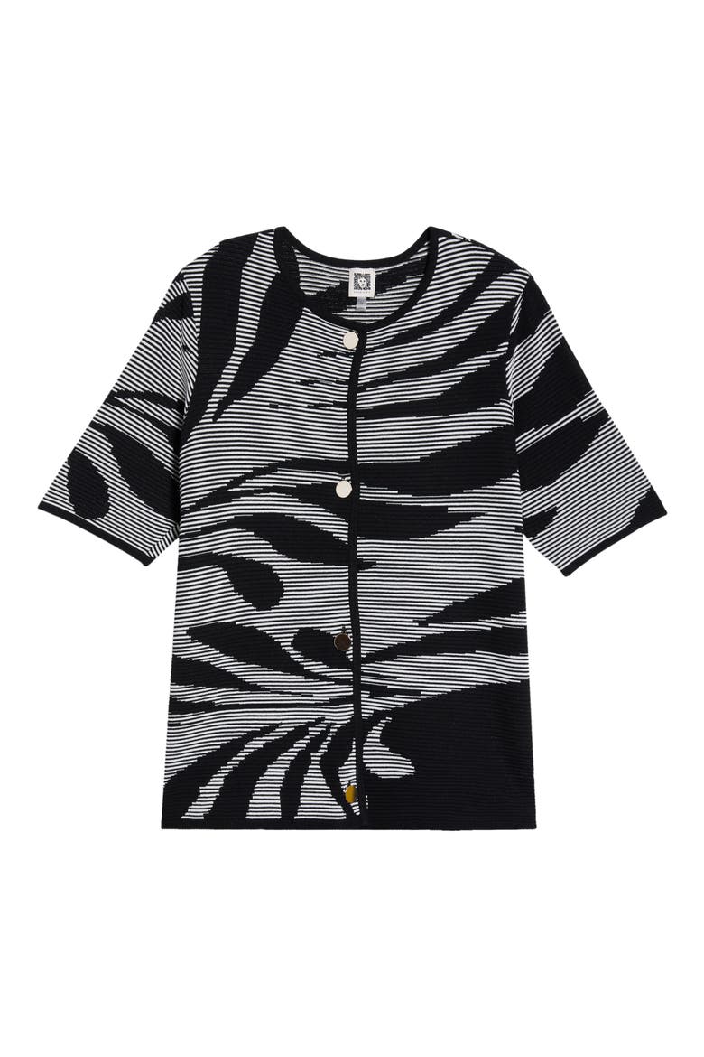 Short Sleeve Button Front Cardigan, Alternate, color, ANNE BLACK/ WHITE DOVE