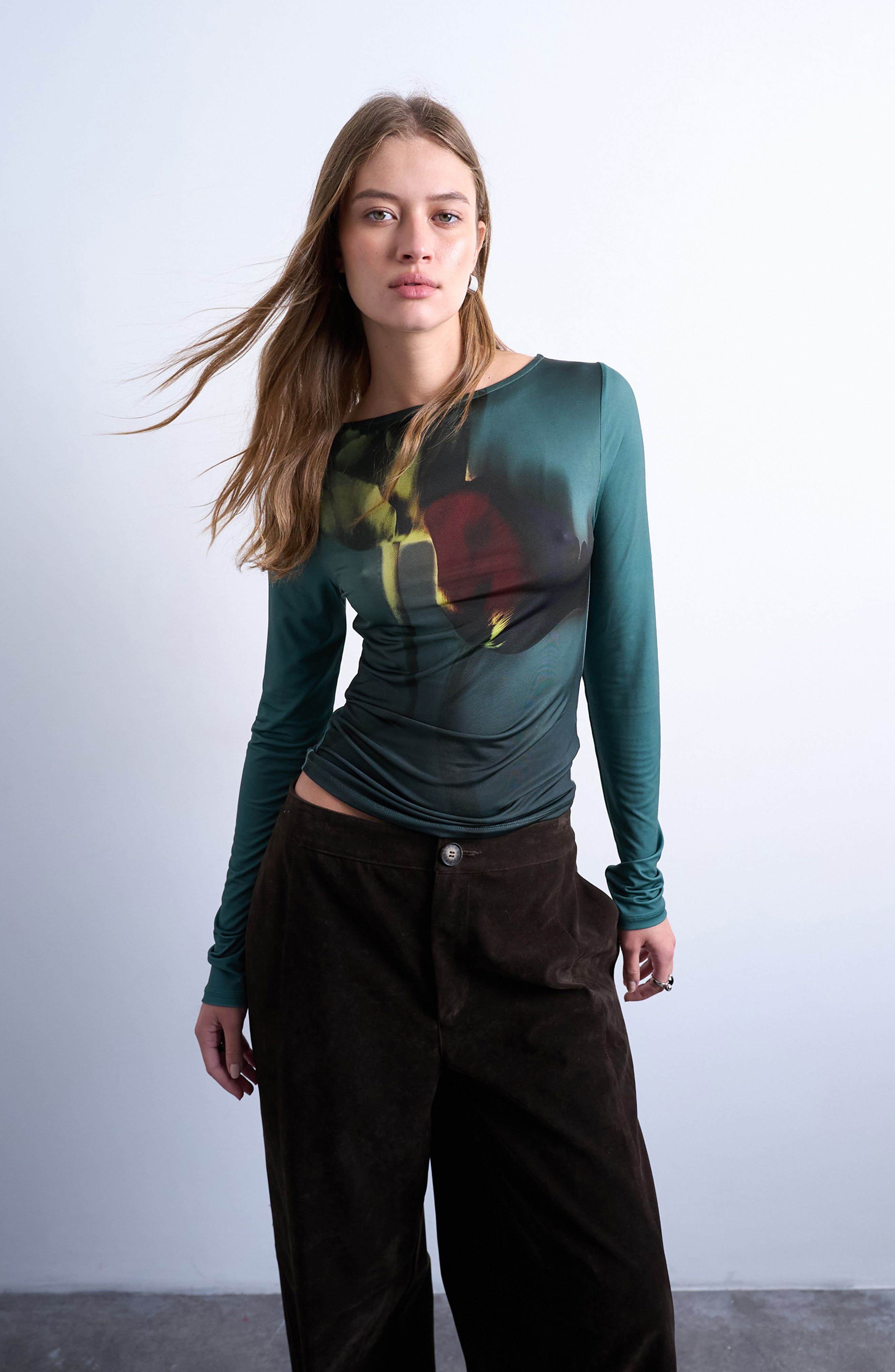 Abstract Floral Print Boat Neck Top