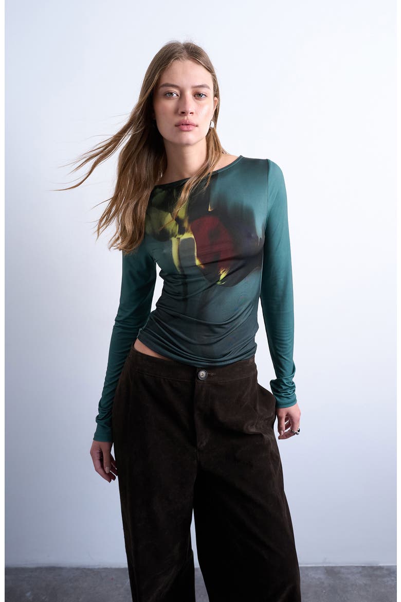 Abstract Floral Print Boat Neck Top, Main, color, DARK GREEN