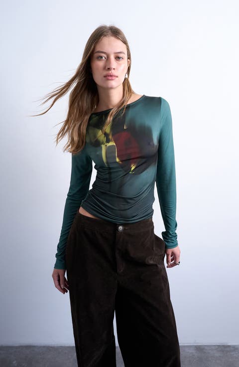 Abstract Floral Print Boat Neck Top