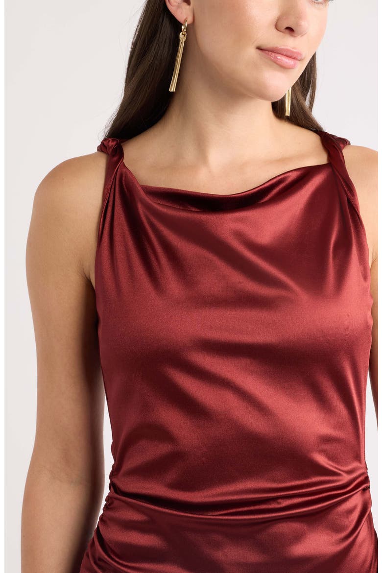Ruched Asymmetric Satin Midi Dress, Alternate, color, RED PEAR