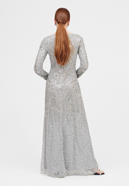MARYISA MARYISA OCCASION MODEST EMBELLISHED SEQUIN BEADED FLORAL OVERLAP EVENING GOWN