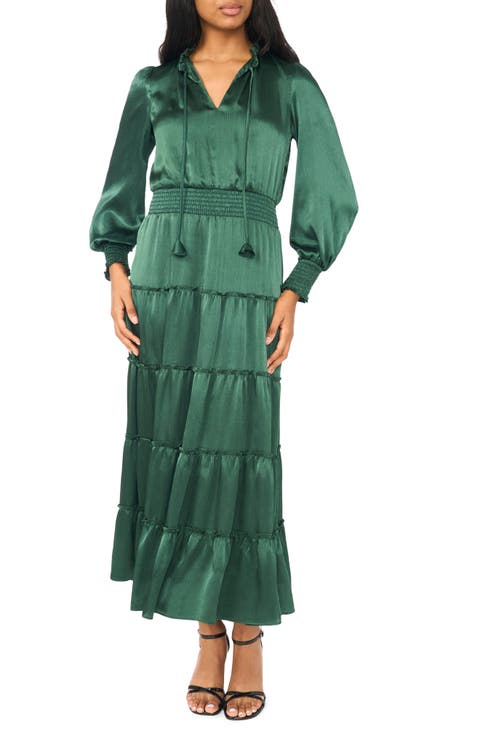 Satin Long Sleeve Tiered Maxi Dress
