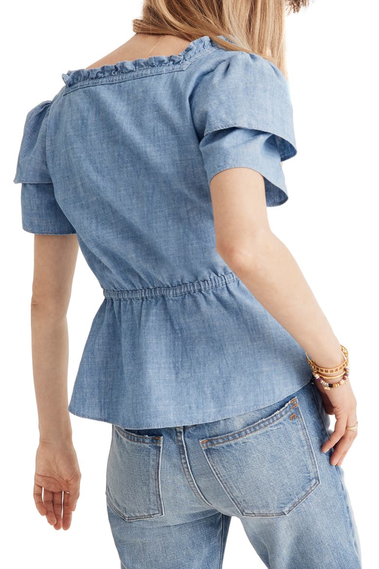 Chambray Ruffle Sleeve Peplum Top, Alternate, color, EASTERLY WASH