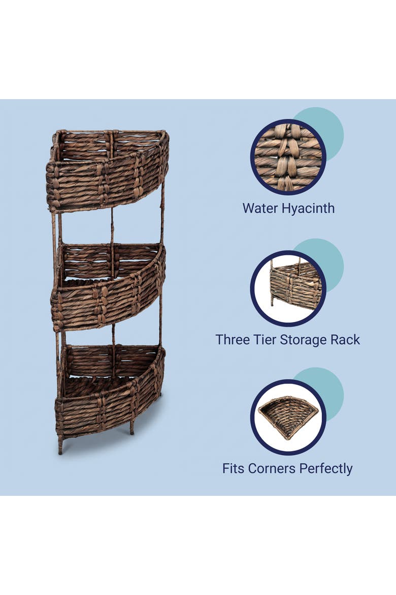 Lavish Coastal Handwoven Water Hyacinth 3-Tier Corner Freestanding Storage Rack with Metal Frame, Alternate, color, Brown