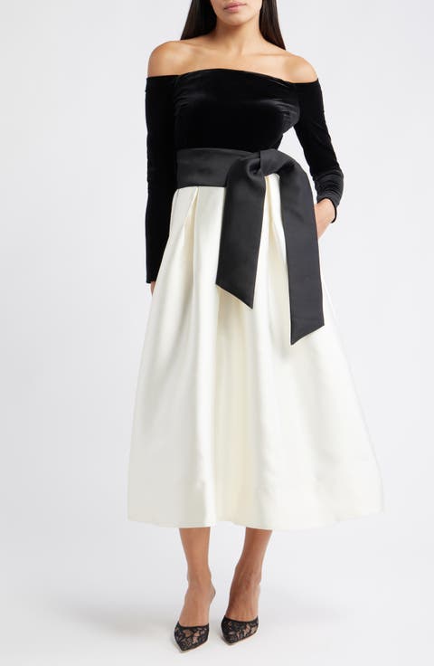 Off the Shoulder Long Sleeve Velvet Cocktail Midi Dress