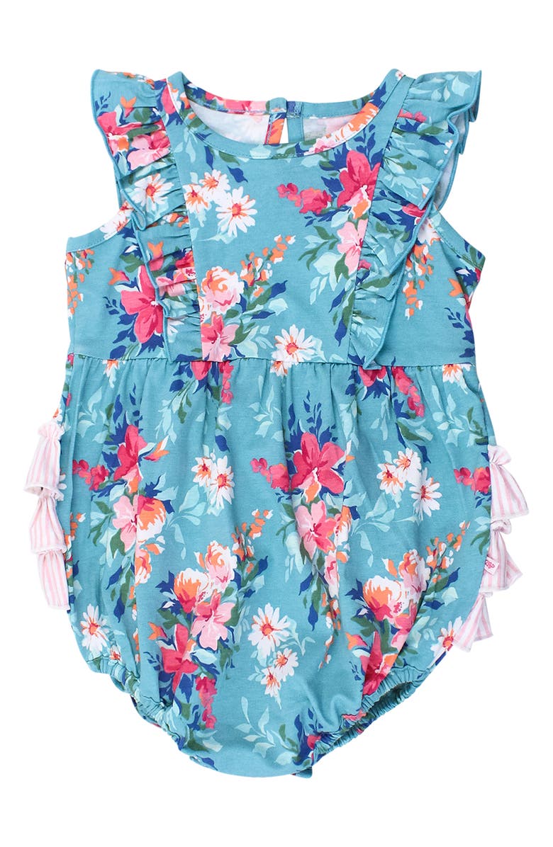 RuffleButts Fancy Me Floral Ruffle Waterfall Bubble Romper, Main, color, Blue