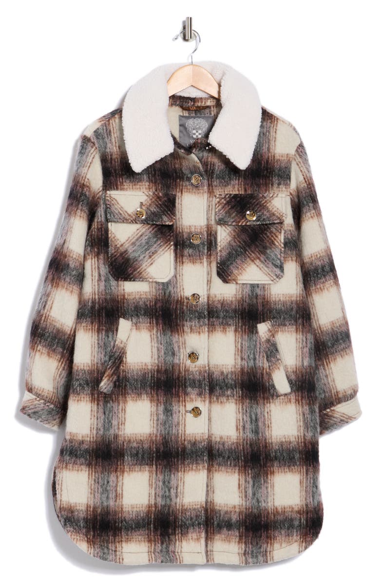 Vince Camuto Fleece Collared Longline Coat, Alternate, color, Autumn Barn Plaid