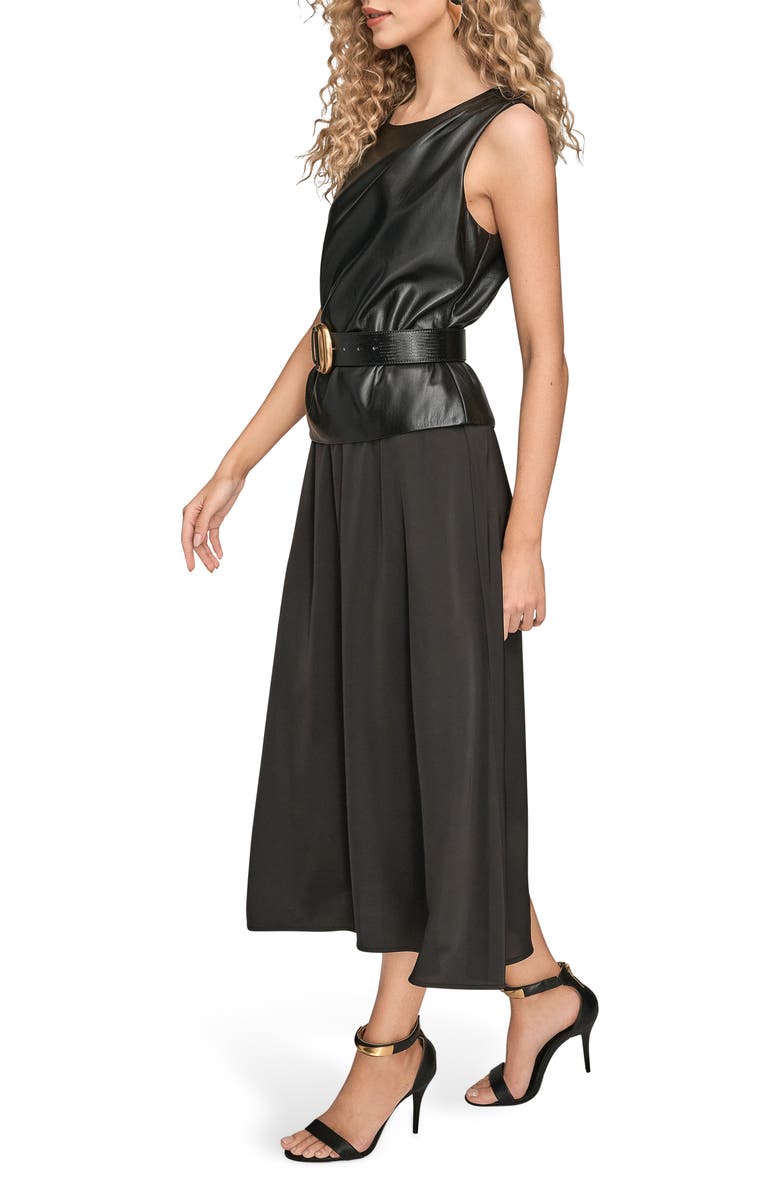 Donna Karan New York Faux Leather Sleeveless Belted Mixed Media Dress, Alternate, color, Black