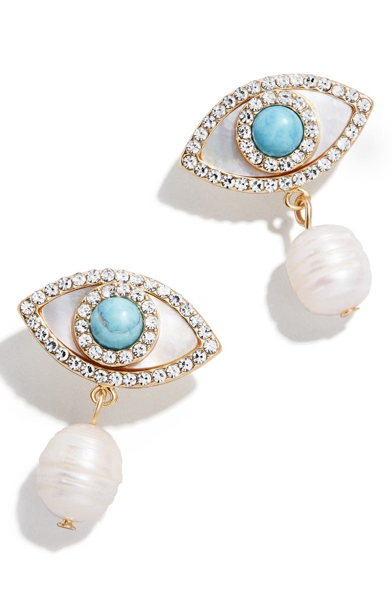 BaubleBar Evil Eye Freshwater Pearl Drop Earrings, Main, color, Turquoise