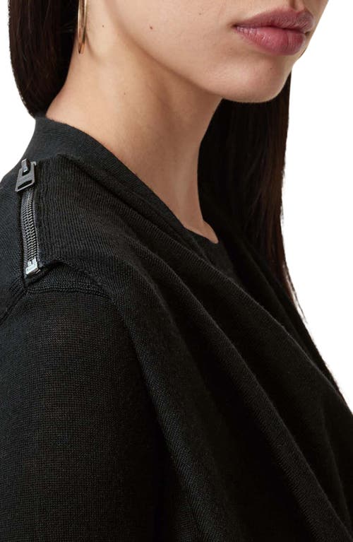 Allsaints Drina Draped Front Long Sleeve Merino Wool Dress In Black