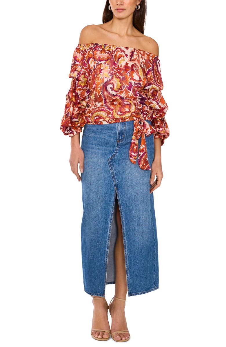 Vince Camuto Paisley Off the Shoulder Bubble Sleeve Top, Alternate, color, Wine