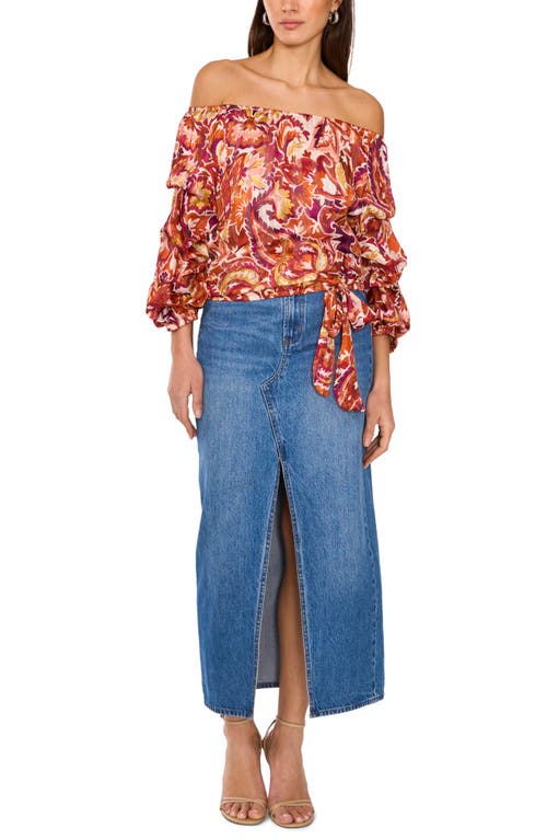 Vince Camuto Paisley Off The Shoulder Bubble Sleeve Top In Wine