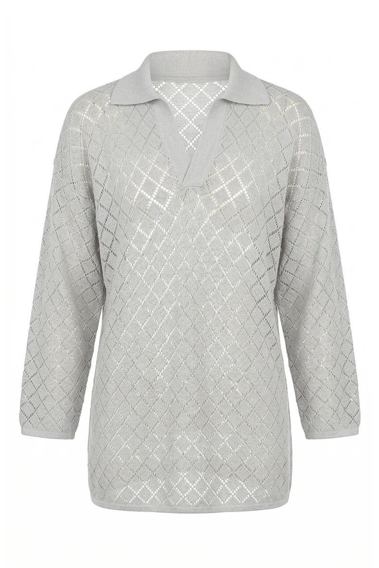 Textured Open Collar Knit Polo Top, Alternate, color, Light Grey