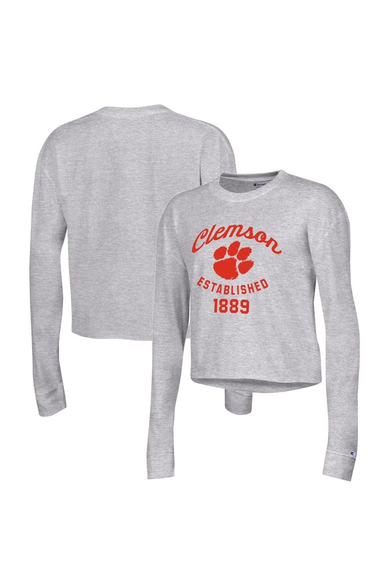 Women's Champion Gray Clemson Tigers Boyfriend Cropped Long Sleeve T-Shirt, Main, color, Gray