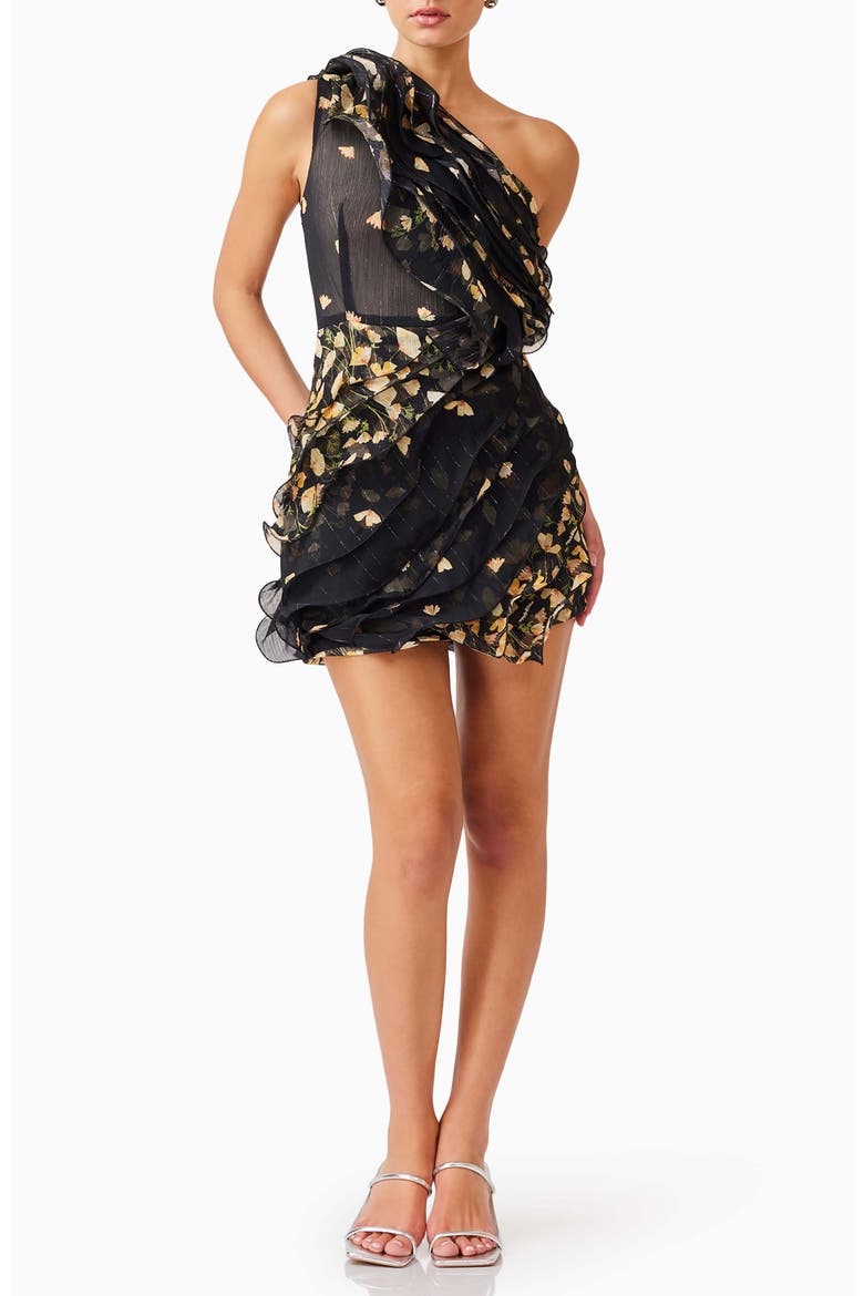 Tulsia Metallic Ruffle One-Shoulder Cocktail Minidress, Main, color, BLACK MULTI