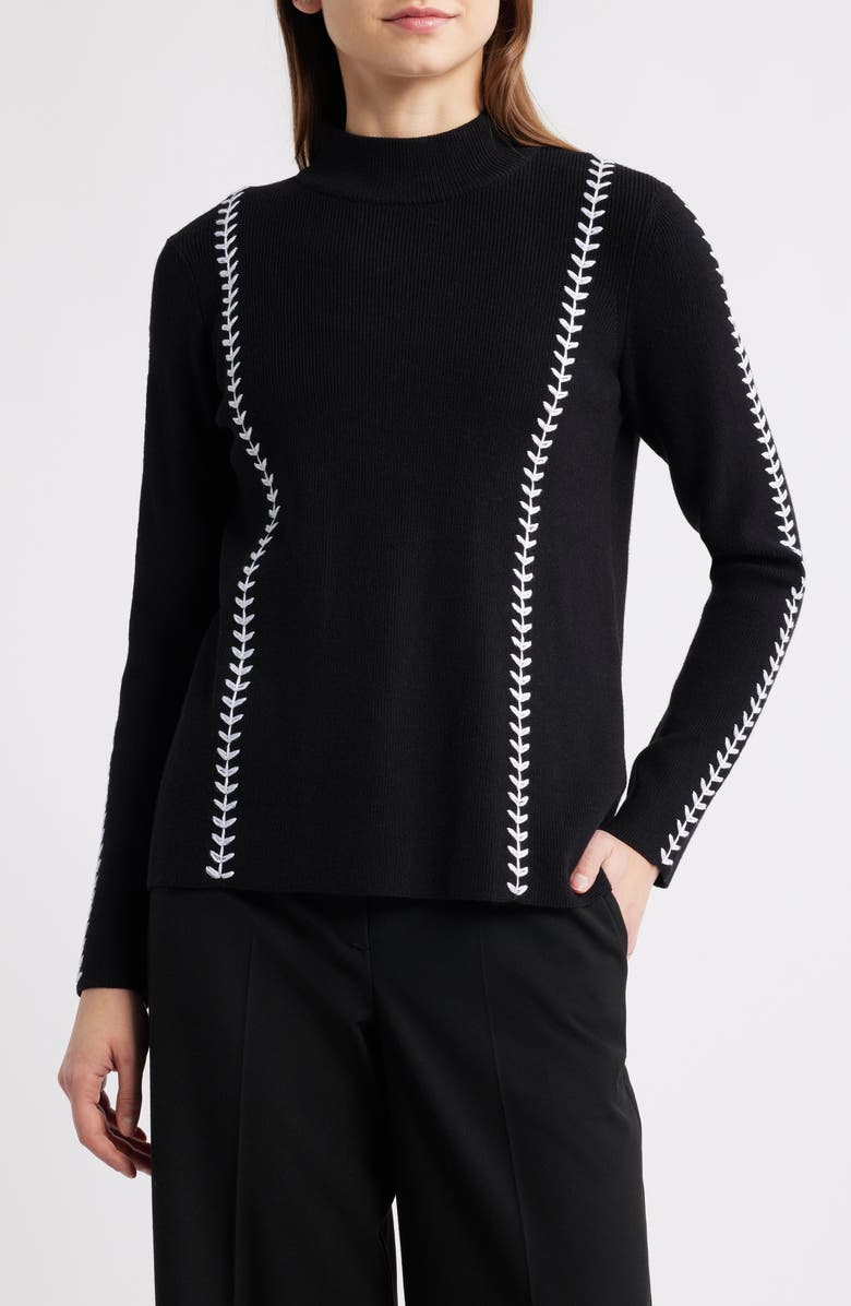 Elie Tahari The Goldie Mock Neck Rib Top, Main, color, Noir Black/ Vanilla