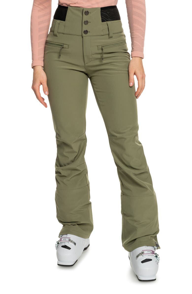 Roxy Rising High Waterproof Shell Snow Pants, Main, color, Deep Lichen Green
