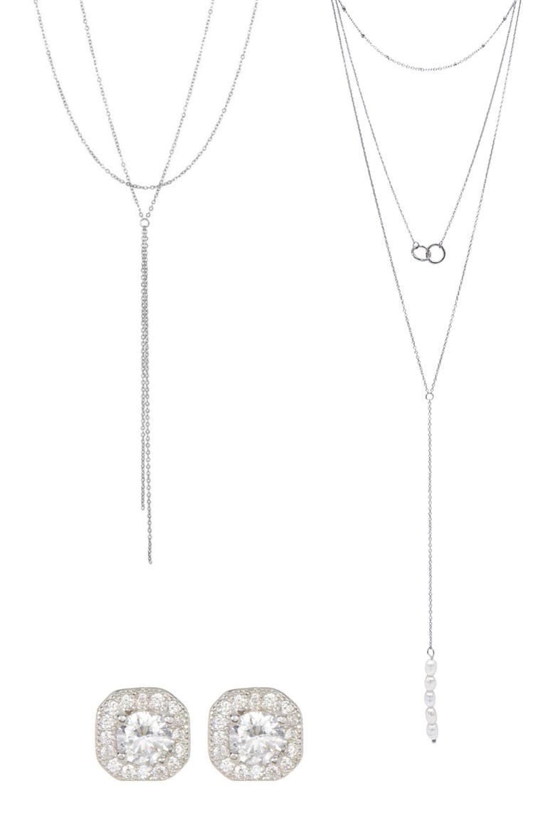 2 Lariat Necklaces & Stud Earrings Set, Alternate, color, SILVER